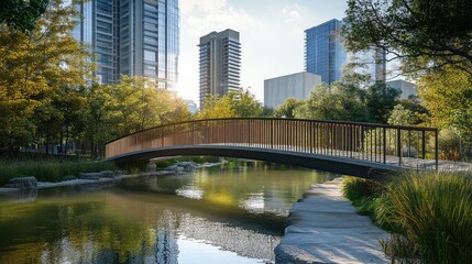 A modern footbridge with sleek lines, crossing a tranquil river in an urban park, surrounded by tall buildings