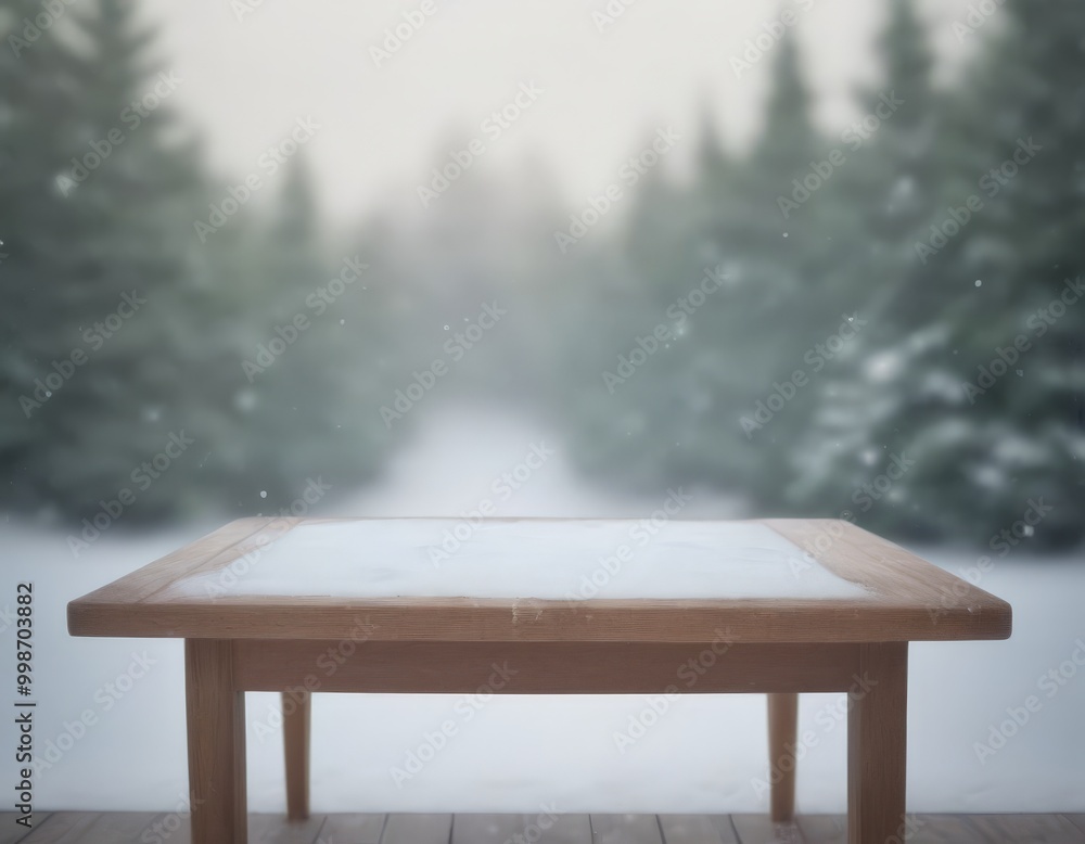 Leinwandbilder a wooden table with a snow-covered surface sits in the foreground, with a blurred forest of pine tre