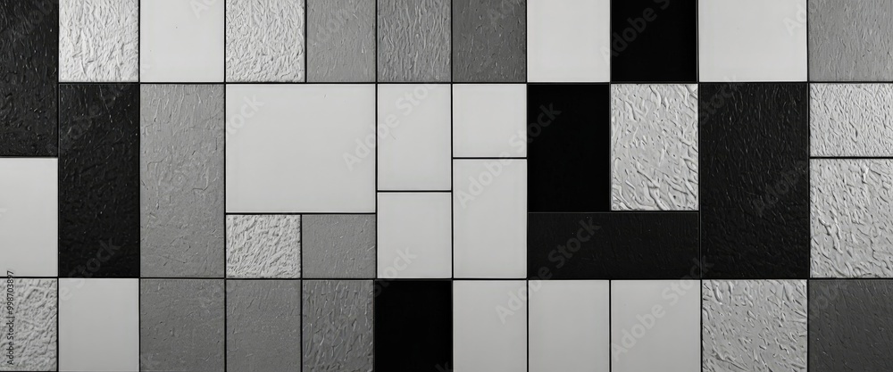 Poster A black and white grid of square tiles with varying textures and patterns, creating a visually interesting and abstract composition