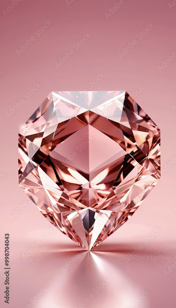 Poster a large, faceted pink diamond with a reflective surface sits on a pink background, casting a shadow 