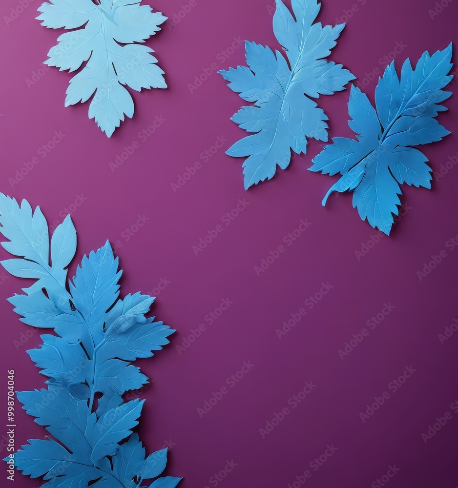Poster a collection of blue paper leaves arranged in a diagonal pattern against a purple background
