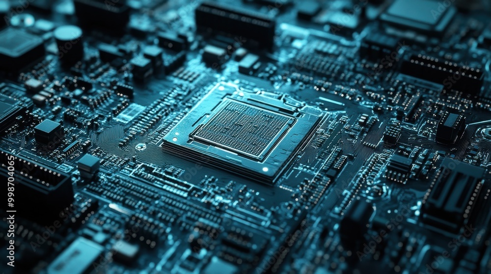 Poster closeup of intricate microchips and circuits on a motherboard, showcasing advanced data technology a