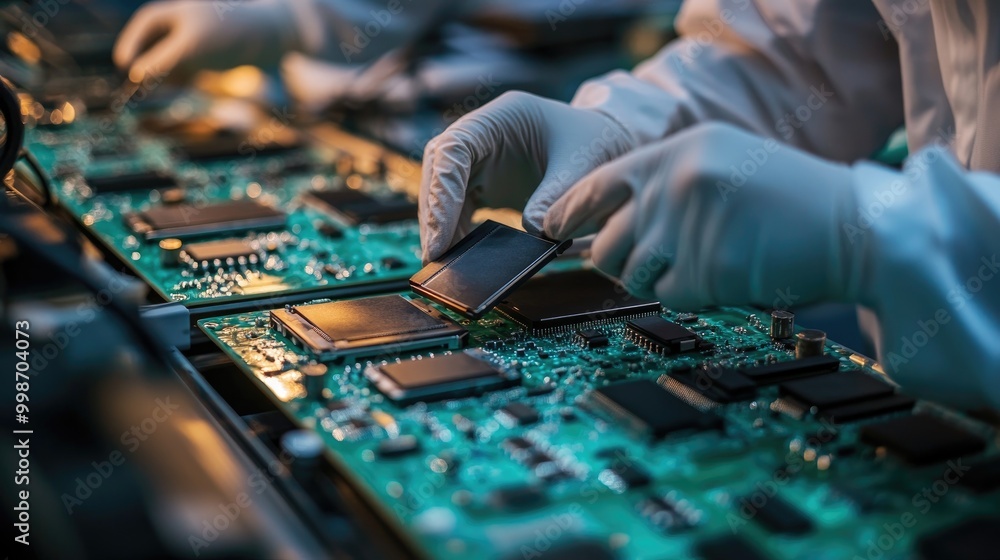 Poster an electronics factory where smartphones are being assembled, with workers handling delicate compone