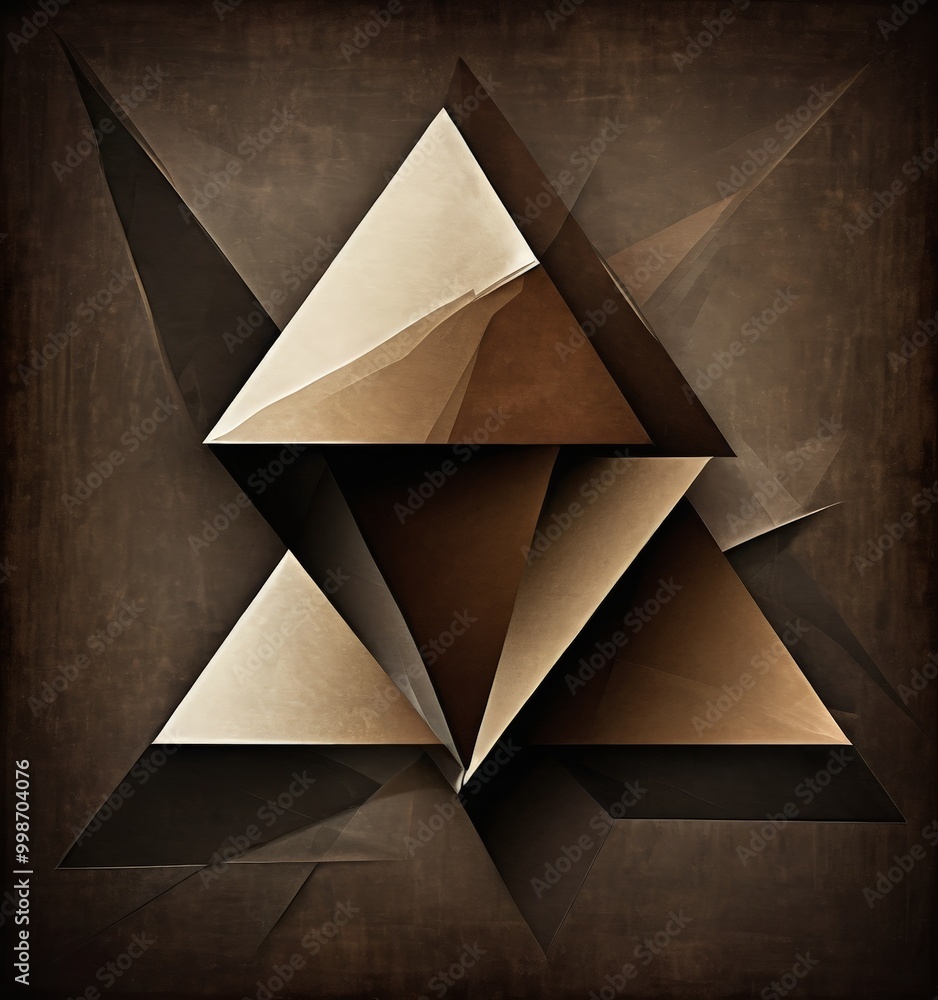 Poster a geometric composition of overlapping triangular shapes in various shades of brown and beige, set a