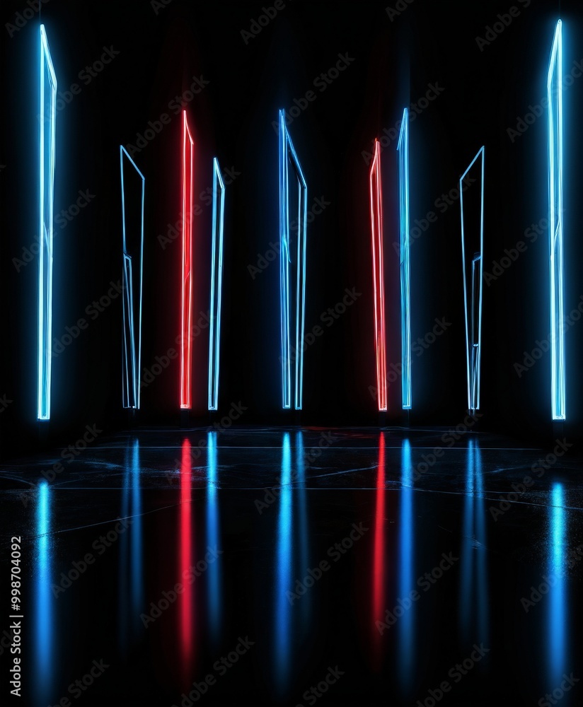 Aufkleber A series of neon lights in red, blue, and white are arranged in a grid-like pattern, casting reflections on a reflective surface below