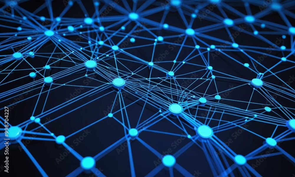 Poster A complex network of interconnected lines and dots, in shades of blue, forms a dense, intricate pattern against a dark background