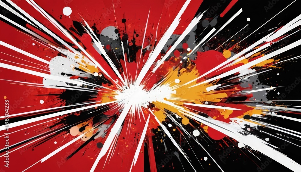 Poster a vibrant explosion with a burst of white and yellow, surrounded by splatters of black and red, all 
