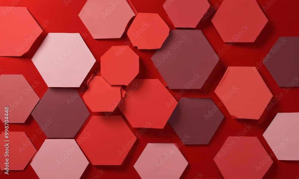 Aufkleber A geometric pattern of overlapping hexagonal shapes in various shades of red, pink, and maroon against a solid red background