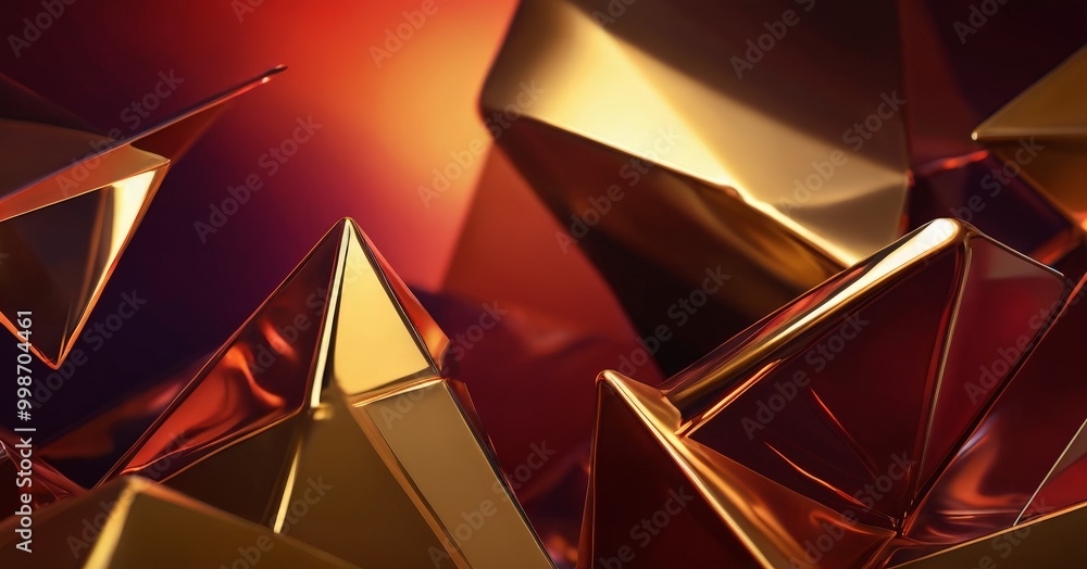 Poster a close-up view collection of metallic, three-dimensional shapes in shades of gold and red, creating