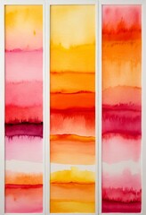 Three vertical panels of watercolor paintings, each with a different gradient of pink, orange, and yellow, arranged in a row