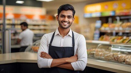 A happy Indian young male stood in front of the counter with his arms folded, a supermarket worker