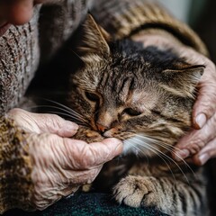 A close-up of an elderly person feeding their cat, showing love and attention through animal care