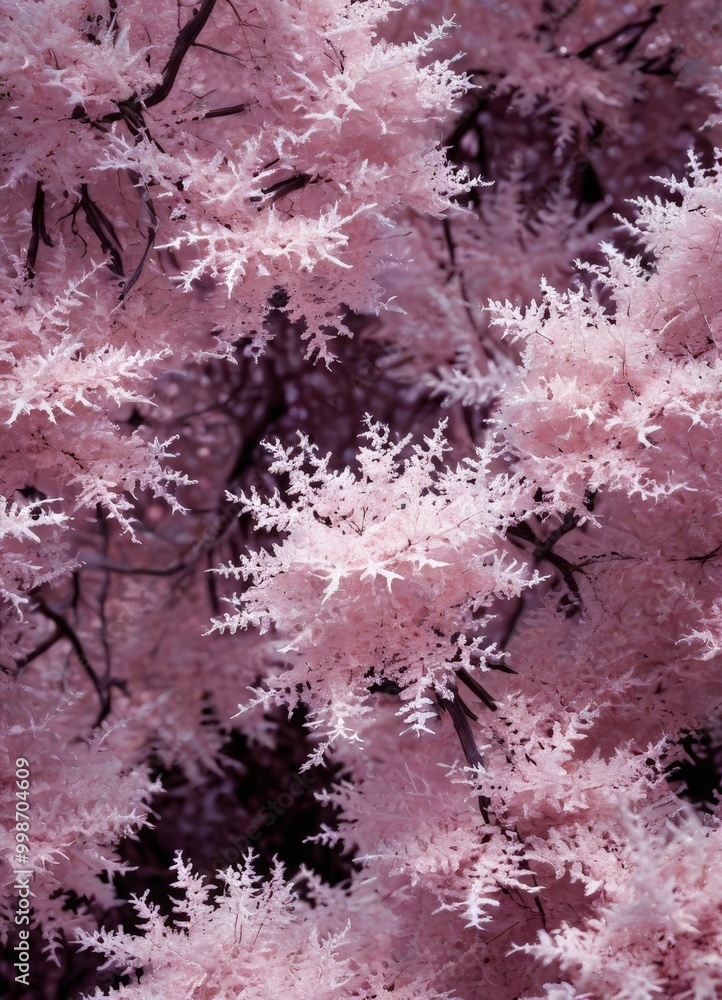 Poster a close-up view of a tree with pink, fuzzy, and white flowers, creating a soft, dreamlike effect.