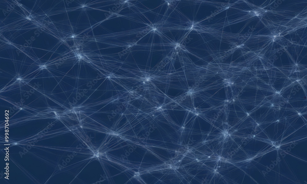Poster a complex network of interconnected lines and points, resembling a web or a network of stars, against a dark blue background