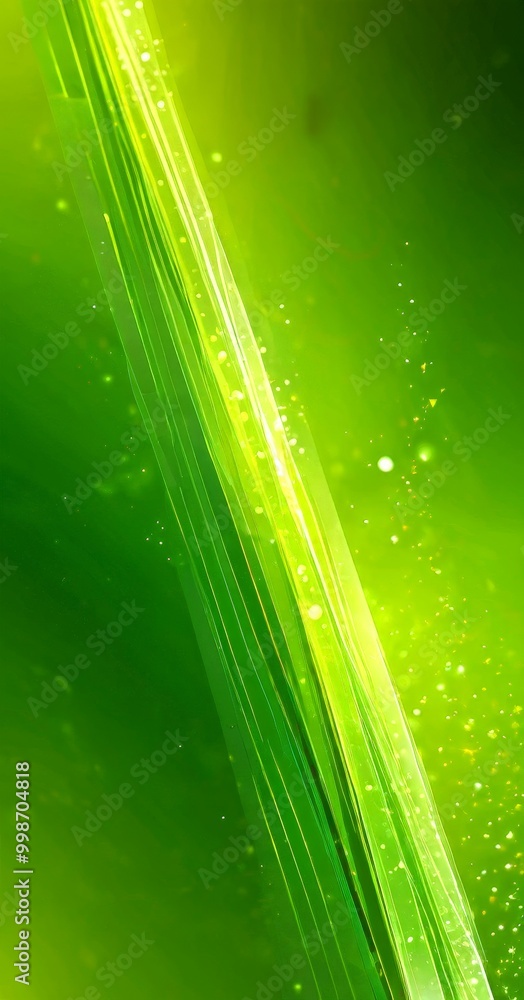 Poster a vertical line of green and white lines, with small white dots scattered throughout, creating a dynamic and abstract visual effect