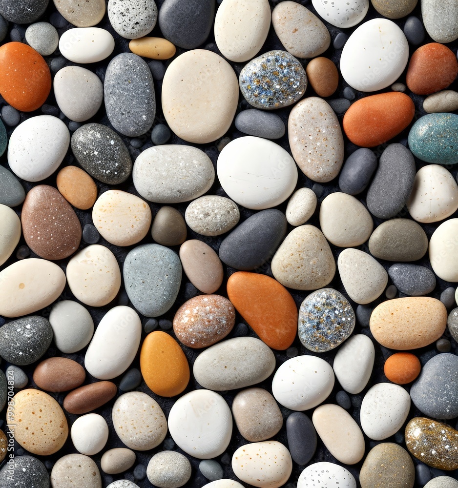 Poster A close-up of various colored and speckled pebbles arranged in a random pattern against a dark background