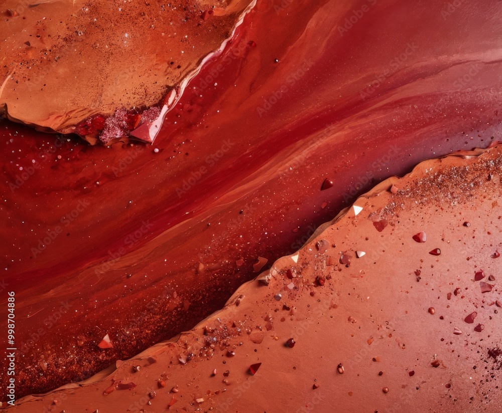 Poster a close-up view red, abstract pattern with a mix of red, orange, and brown hues, along with small wh