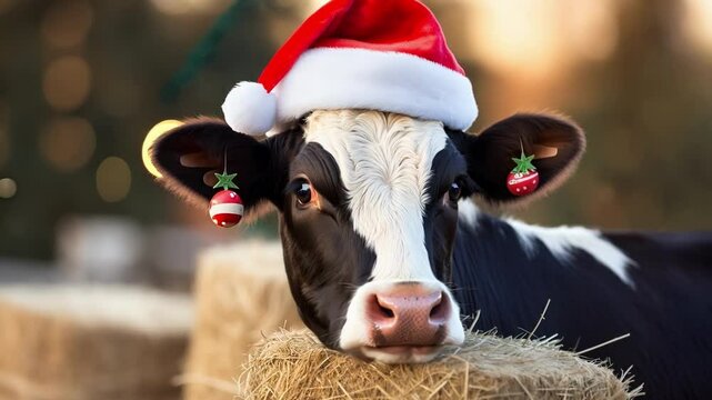 Festive cow with a santa hat on a hay bale at a farm, adding holiday cheer. Perfect for greeting cards, it's cute and funny, sure to make you smile