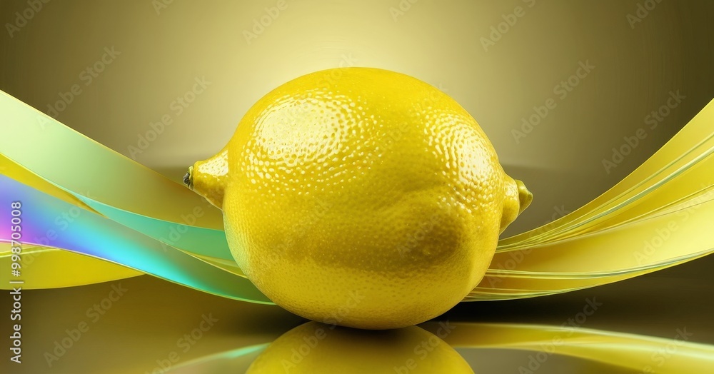 Fototapete A vibrant yellow lemon rests on a reflective surface, surrounded by colorful ribbons that appear to be in motion, creating a dynamic and visually striking composition
