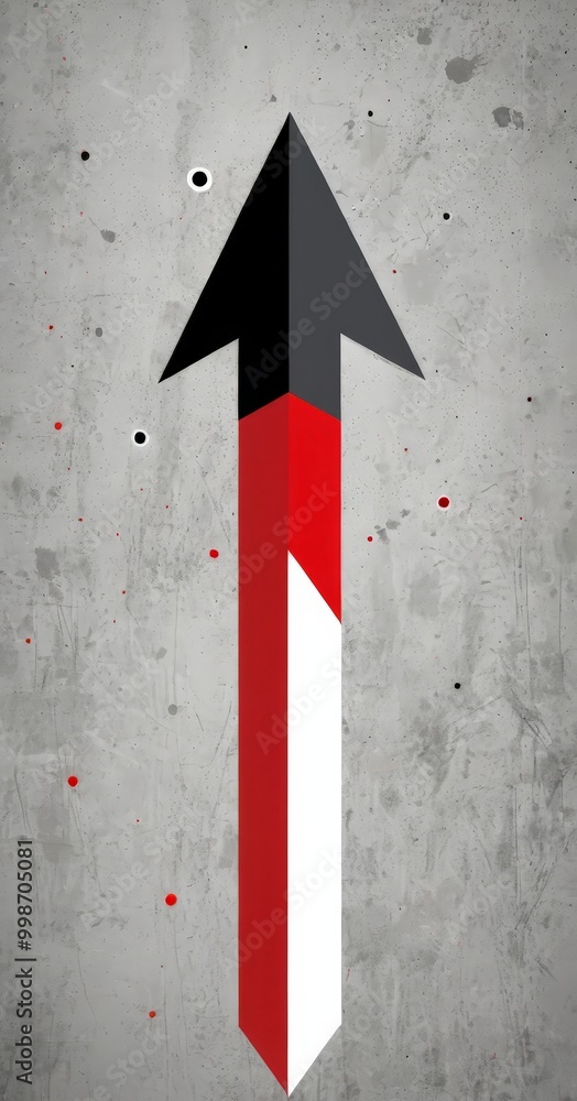 Poster a minimalist design with a black arrow pointing upwards, set against a gray concrete wall with red a