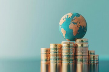 A globe rests on a stack of coins, symbolizing global finance, investment, and economy in a stylish, modern depiction.
