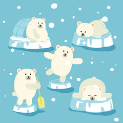 A collection of cute polar bear characters is on the ice floe.