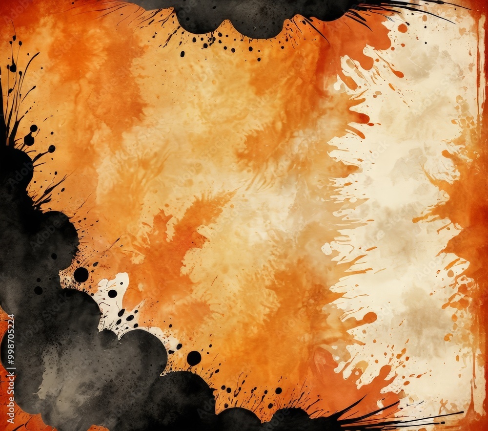Poster a vibrant abstract background with splashes of orange, black, and white, creating a dynamic and energetic composition