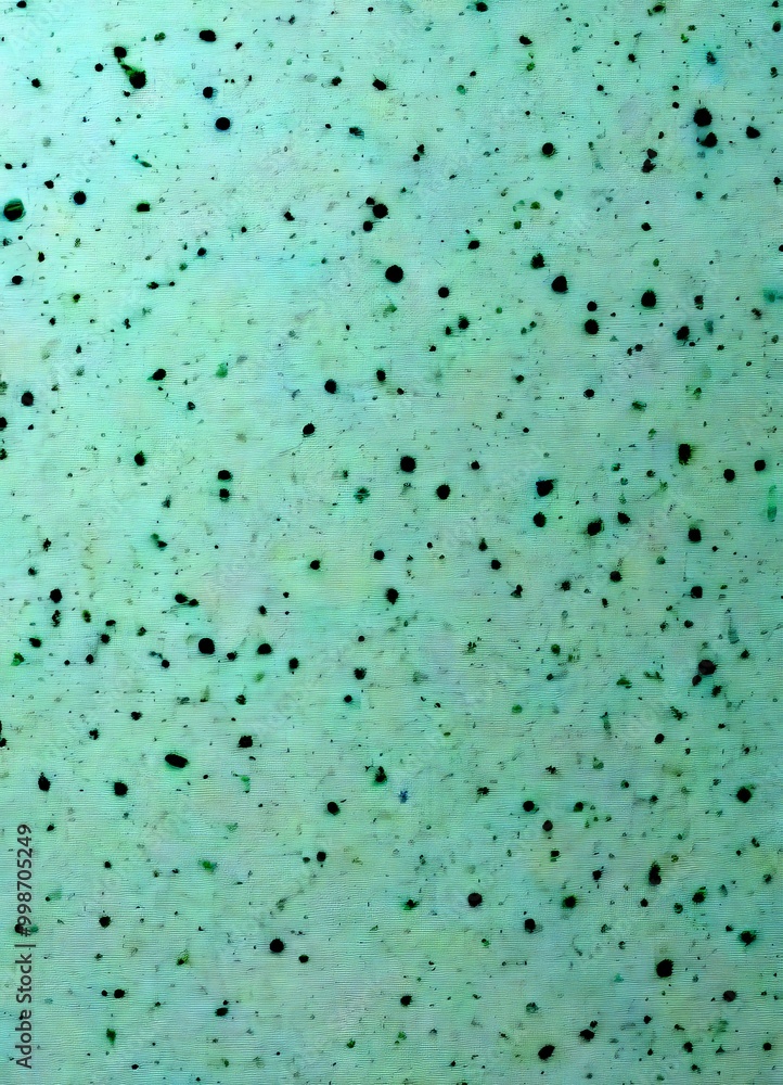 Poster a close-up view of a speckled surface, with a light blue-green hue and a pattern of small black dots or specks scattered across the surface.