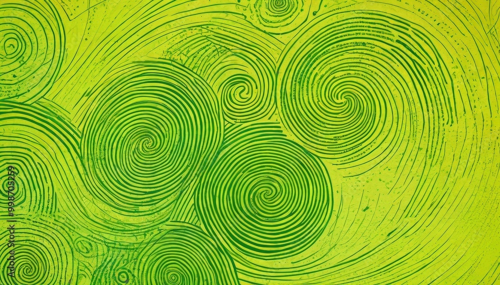 Fototapete a close-up view of a green and yellow abstract pattern composed of concentric circles and lines, creating a sense of movement and energy.