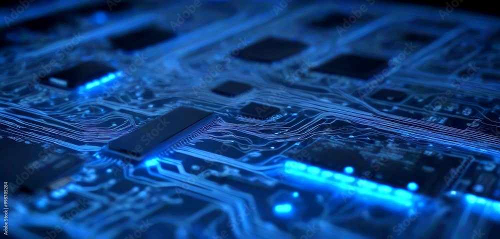 Aufkleber A close-up view circuit board with various electronic components, including a central processor and a series of smaller components, illuminated by blue light