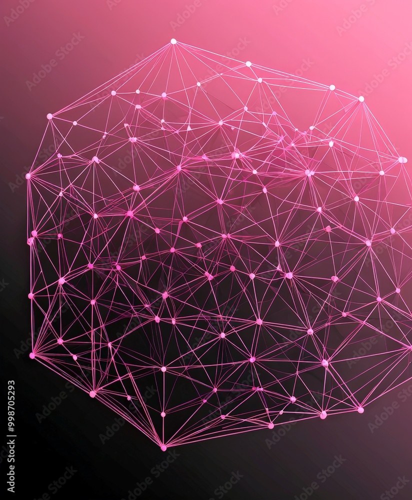 Poster a digital illustration complex network of interconnected lines and dots, in a gradient of pink and black The network is composed of