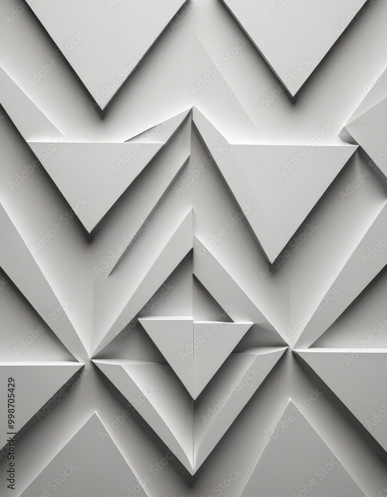 Poster a geometric pattern composed of white triangles arranged in a repeating zigzag design. The triangles are oriented at various angles, creating a sense of depth and