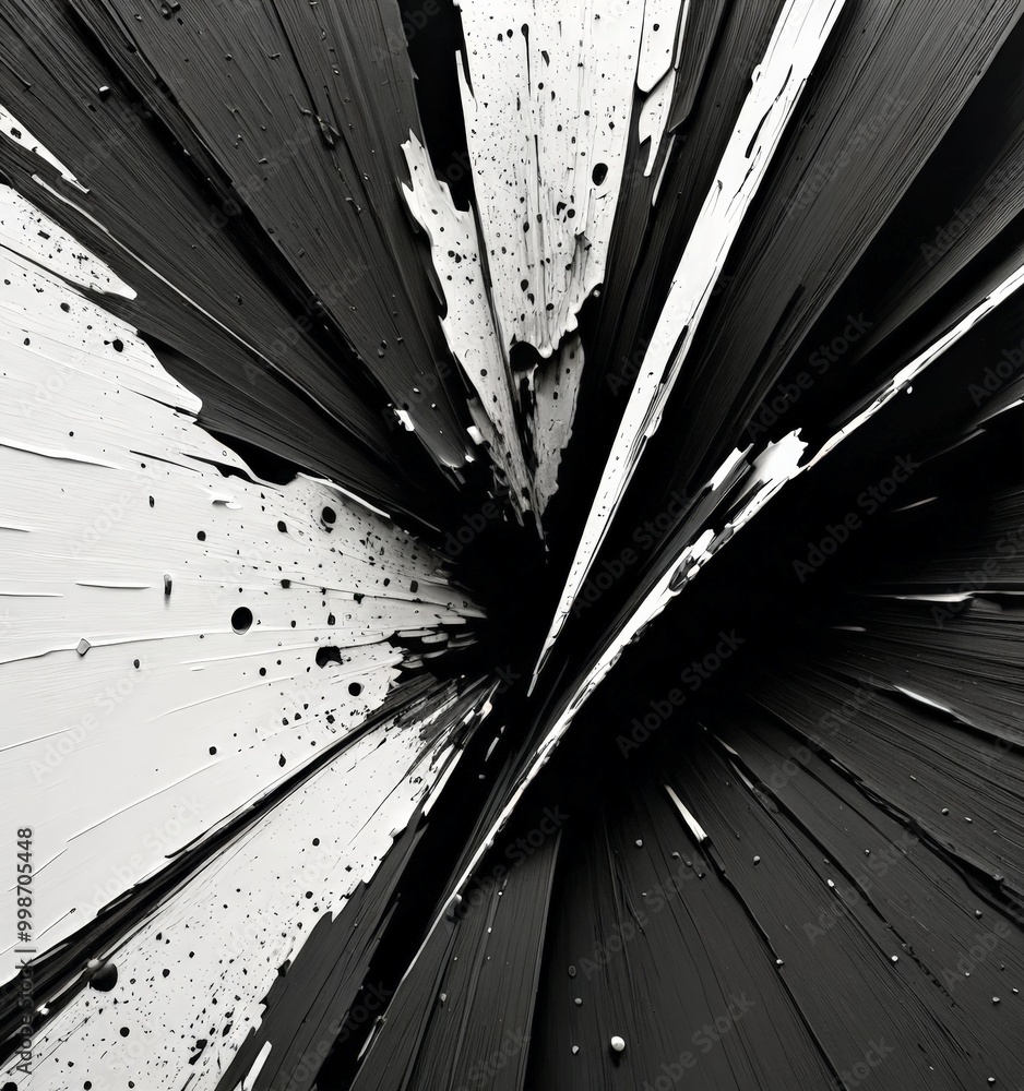 Aufkleber a striking black and white abstract composition featuring a radial pattern of intersecting lines and splatters of paint, creating a sense of dynamic energy and movement.
