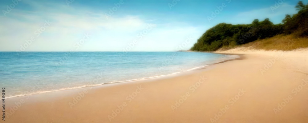 Poster a serene beach scene with a calm ocean, sandy shore, and a line of trees in the distance, captured i