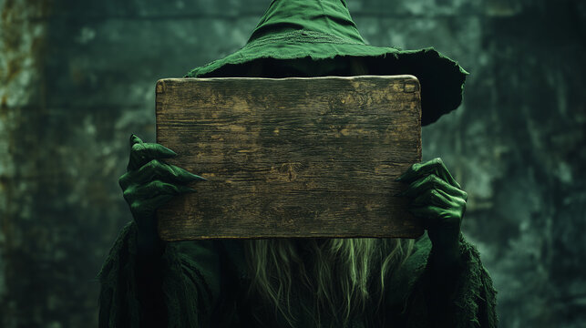 Uma bruxa segurando uma velha placa de madeira