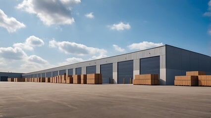 A logistics warehouse building with a background of blue sky