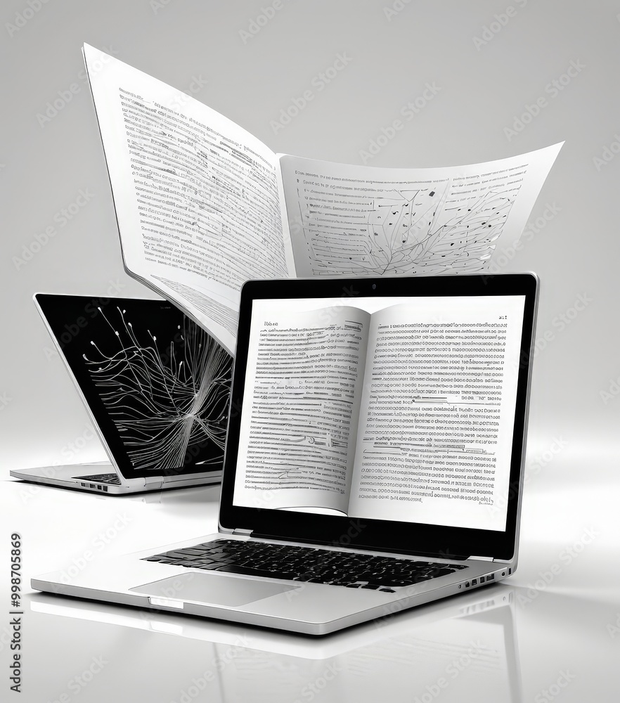 Poster A black and white showing two open laptops with text on their screens, surrounded by scattered papers