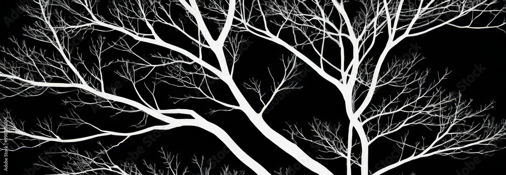Poster a close-up view of a tree with a stark, white silhouette against a black background.