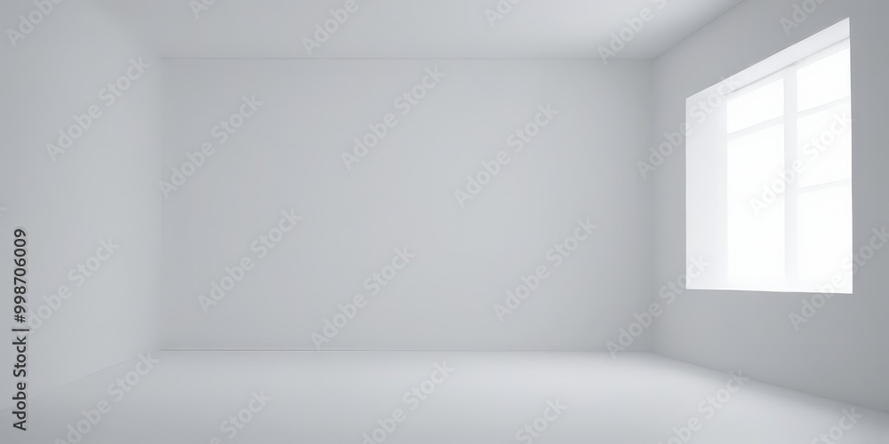 Poster An empty room with a large window, featuring a minimalist design with white walls and a white floor