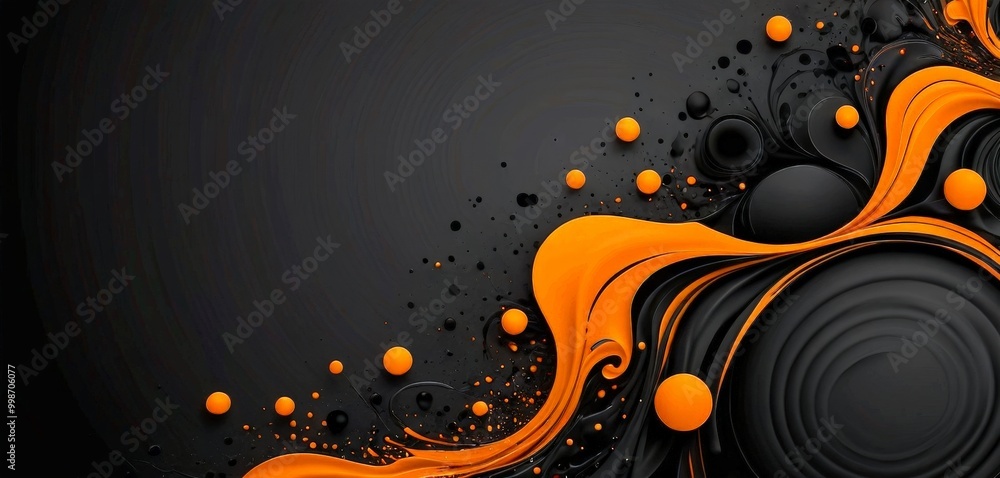 Poster a striking abstract design with a dark background, a wave-like pattern in black and orange, and scat
