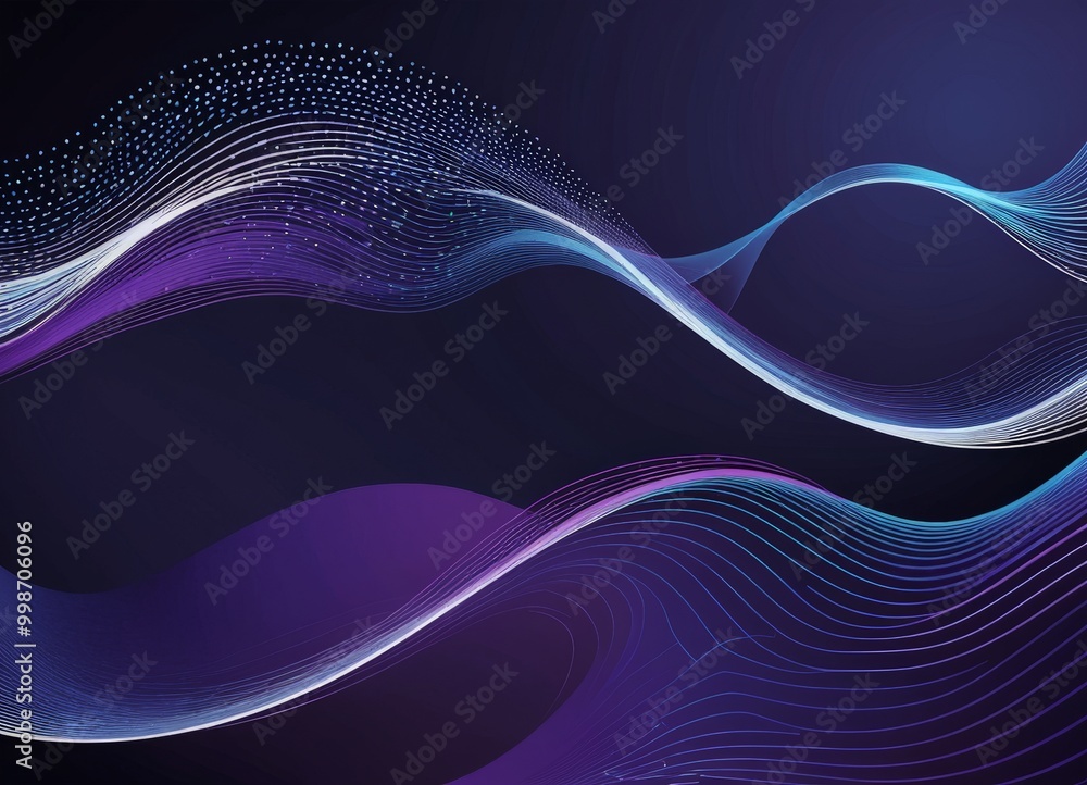 Poster a dark blue background with a wave-like pattern of purple and white lines, creating a sense of movement and energy