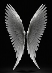 Fototapeta premium a pair of angel wings, their white feathers contrasting sharply against the black background The wings are spread wide, with their tips pointing towards the top right corner