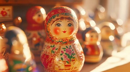 Fototapeta premium Colorful russian matryoshka dolls in sunlit traditional folk art setting