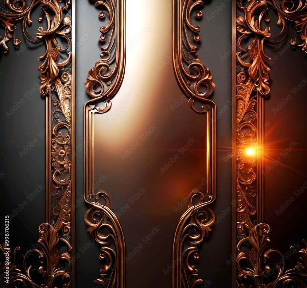 Aufkleber a dark background with a decorative gold frame in the center, adorned with intricate swirls and curv