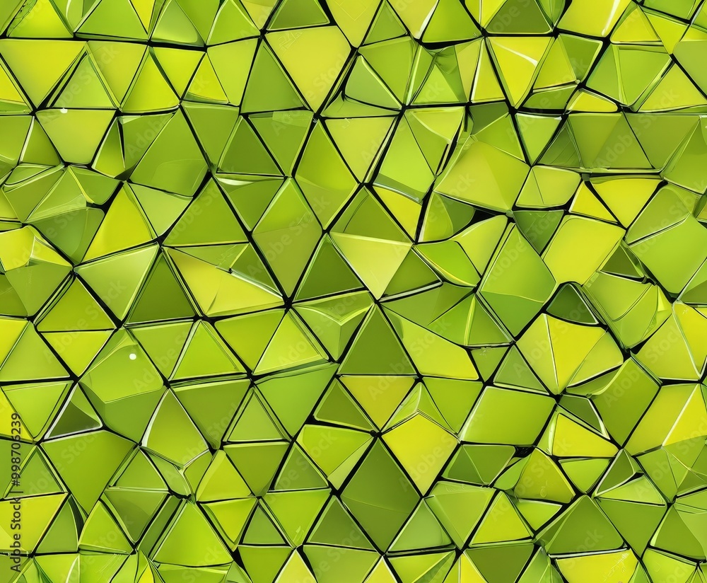 Poster a vibrant mosaic pattern composed of numerous triangular shapes in various shades of green, creating a visually striking and abstract design