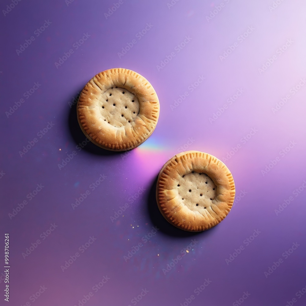 Aufkleber two round crackers with a hole in the center are placed on a purple background, with a rainbow-like 