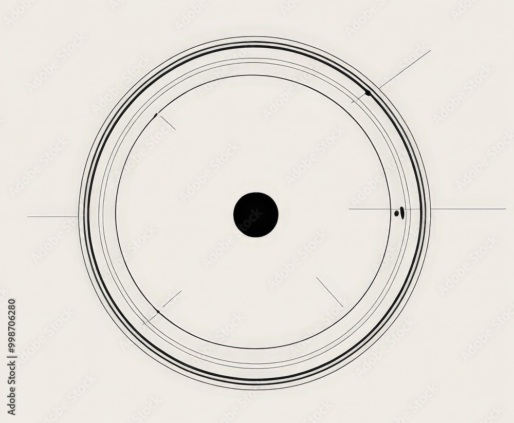 Poster a minimalist design with a central black circle surrounded by concentric black lines, creating a sense of depth and complexity