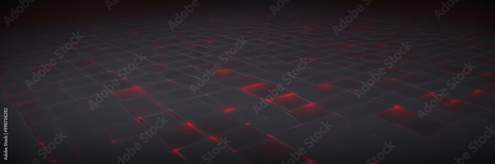 Poster a dark, abstract pattern composed of numerous small square tiles arranged in a grid-like fashion, with red lights shining through the gaps between the tiles, creating a sense