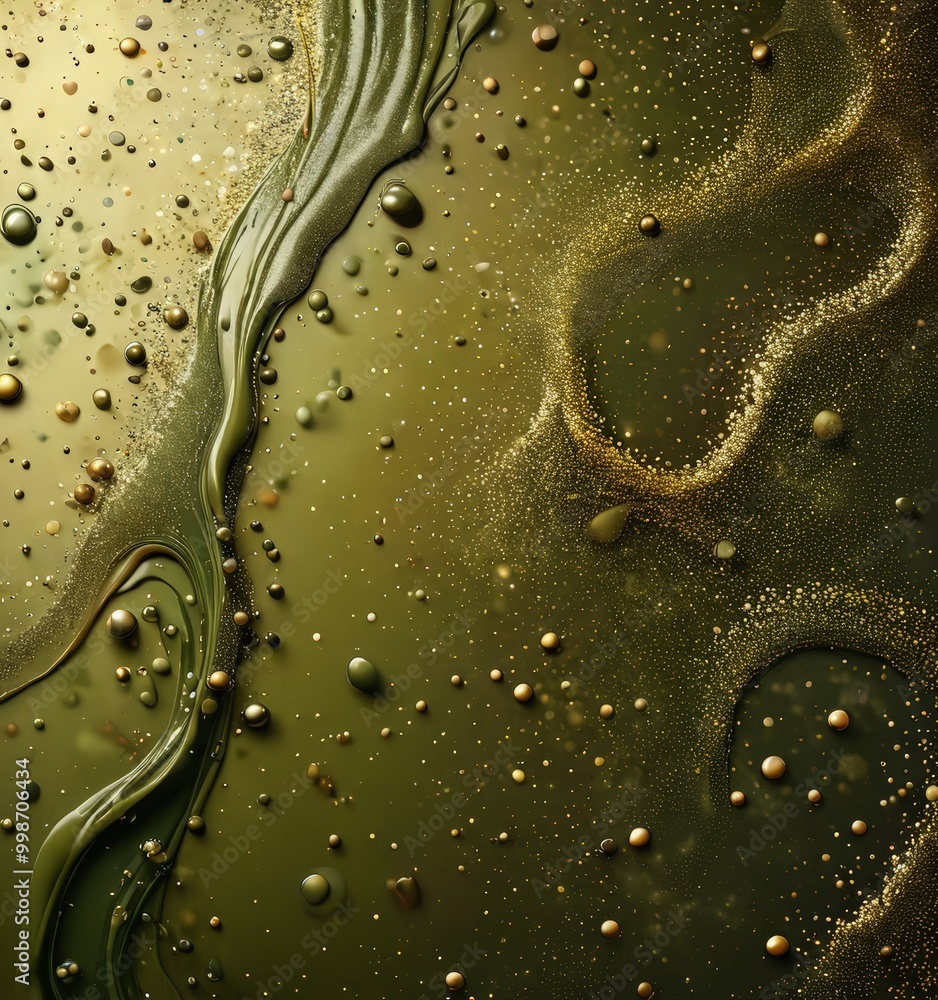 Fototapete a close-up view green liquid surface with numerous small, round, and irregularly shaped droplets sca