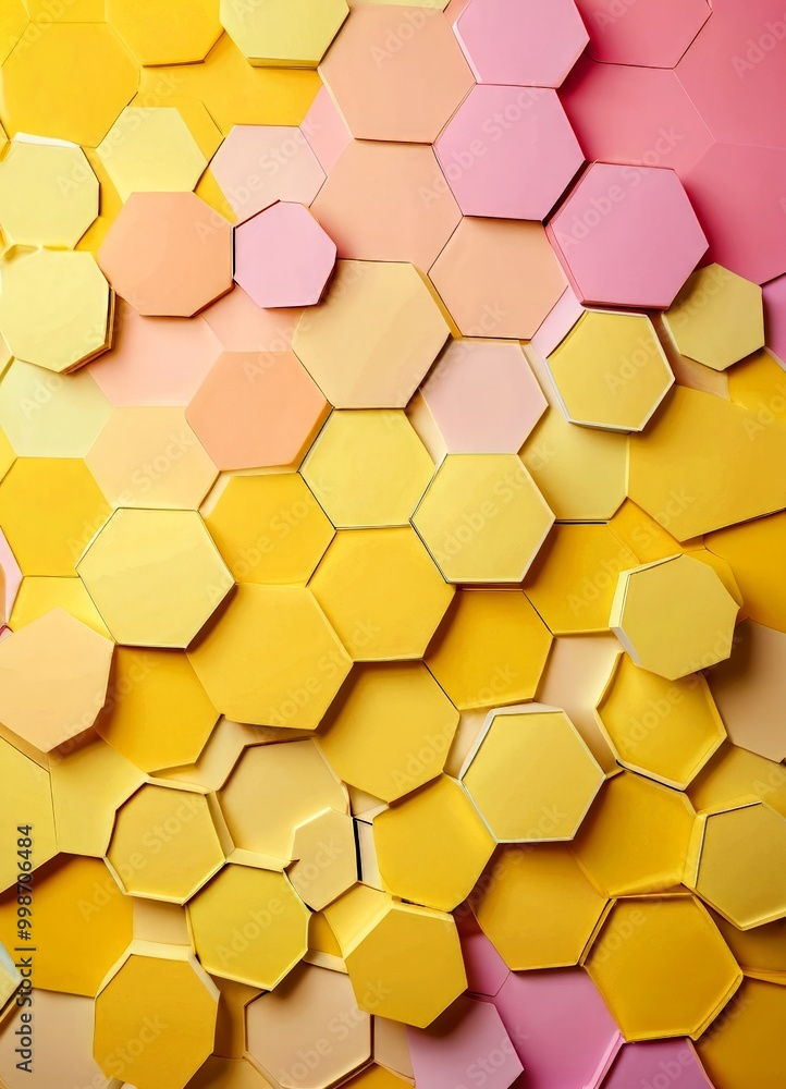 Poster a vibrant and abstract pattern composed of overlapping hexagonal shapes in various shades of yellow,